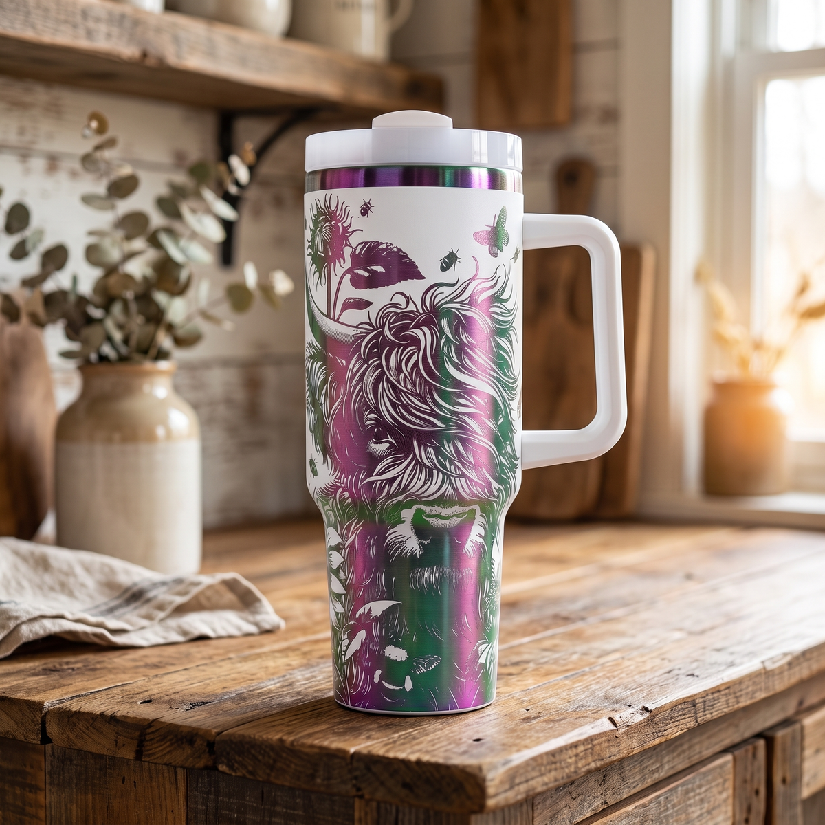 40oz Highland Cow and Sunflowers tumbler - farmhouse kitchen lifestyle shot