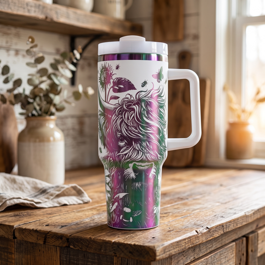 40oz Highland Cow and Sunflowers tumbler - farmhouse kitchen lifestyle shot