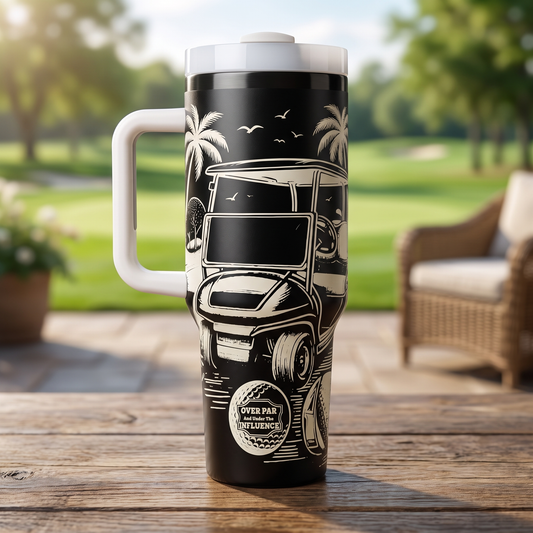 40oz Over Par And Under The Influence tumbler - golf course lifestyle shot