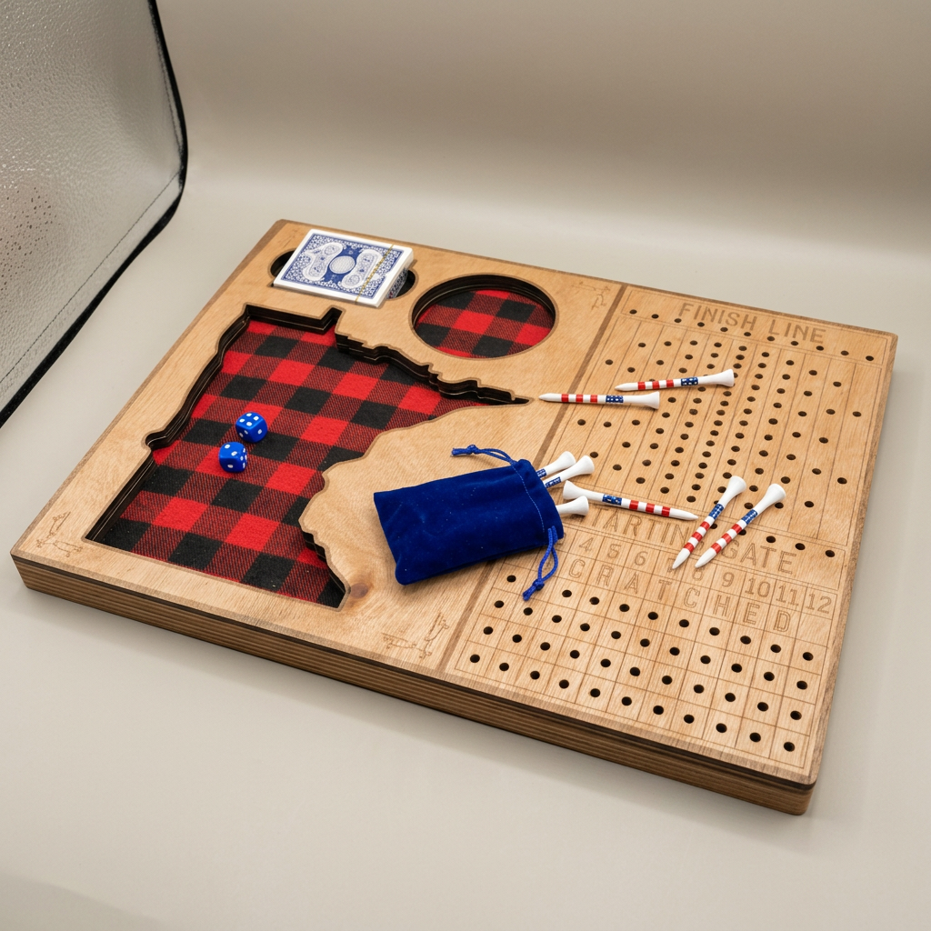 Horse race board game - three-quarter angle view showing laser-cut plywood edge and full racecourse layout, studio angle shot