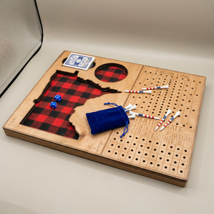 Horse race board game - three-quarter angle view showing laser-cut plywood edge and full racecourse layout, studio angle shot