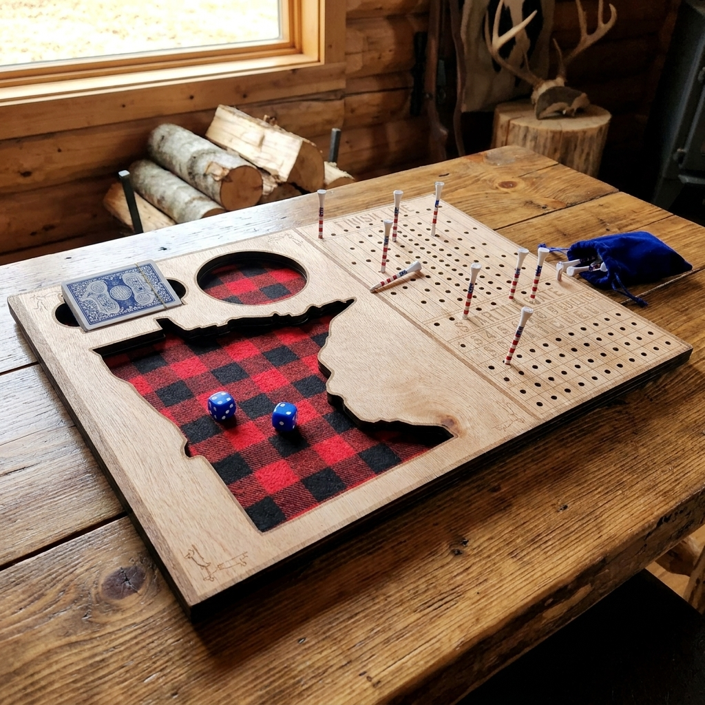 Horse race board game - set up for play in a rustic cabin man-cave setting, lifestyle shot