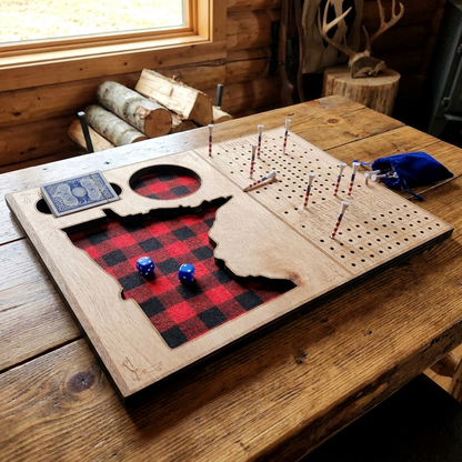 Horse race board game - set up for play in a rustic cabin man-cave setting, lifestyle shot