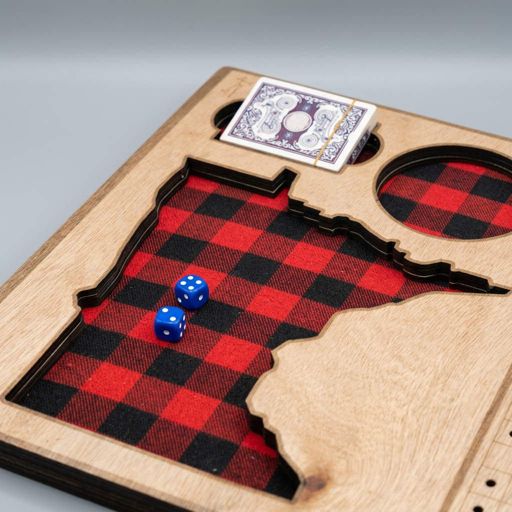 Horse race board game - close-up of the Minnesota-shaped buffalo plaid cutout with dice and cards, studio detail shot
