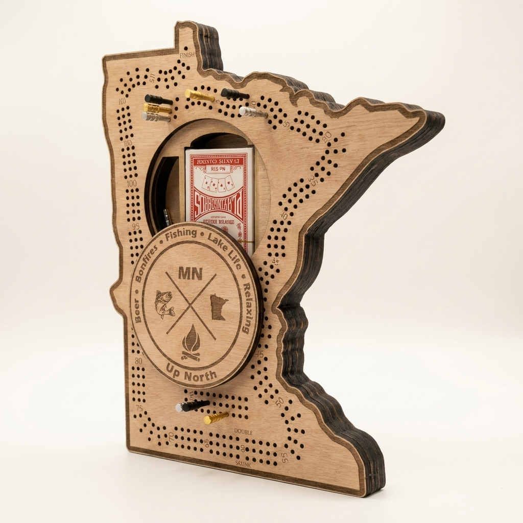 Minnesota-shaped cribbage board - angle view showing laser-cut plywood edge and peg track detail, studio angle shot