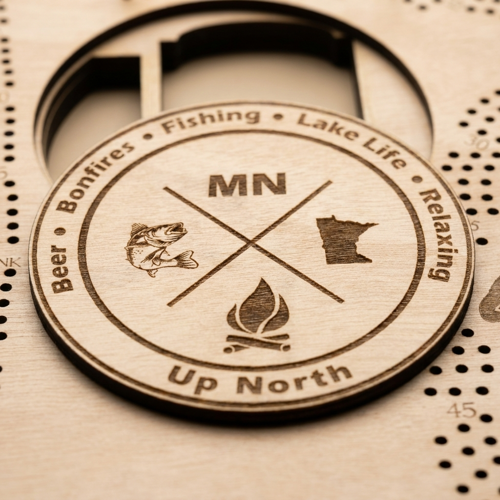 Minnesota-shaped cribbage board - close-up of the engraved Up North emblem with fish and campfire icons, studio macro shot