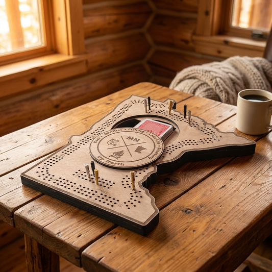 Minnesota-shaped cribbage board - set up for play on a rustic cabin table with coffee, lifestyle shot