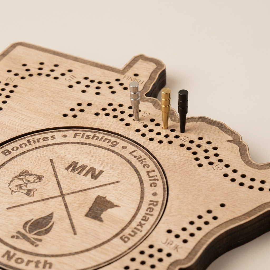 Minnesota-shaped cribbage board - close-up of silver, brass, and black metal cribbage pegs in the peg track, studio detail shot