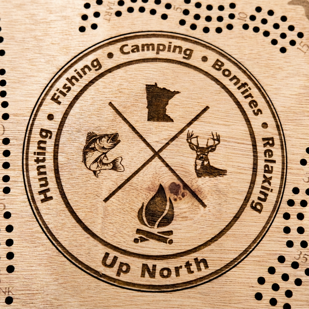 Minnesota-shaped cribbage board, hunting and fishing emblem design - close-up of the engraved fish, deer, and campfire icons, studio macro shot
