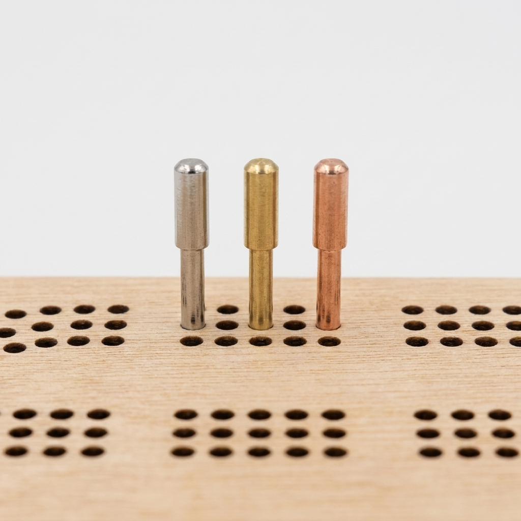 Minnesota-shaped cribbage board - close-up of silver, brass, and copper metal cribbage pegs in the peg track, studio detail shot