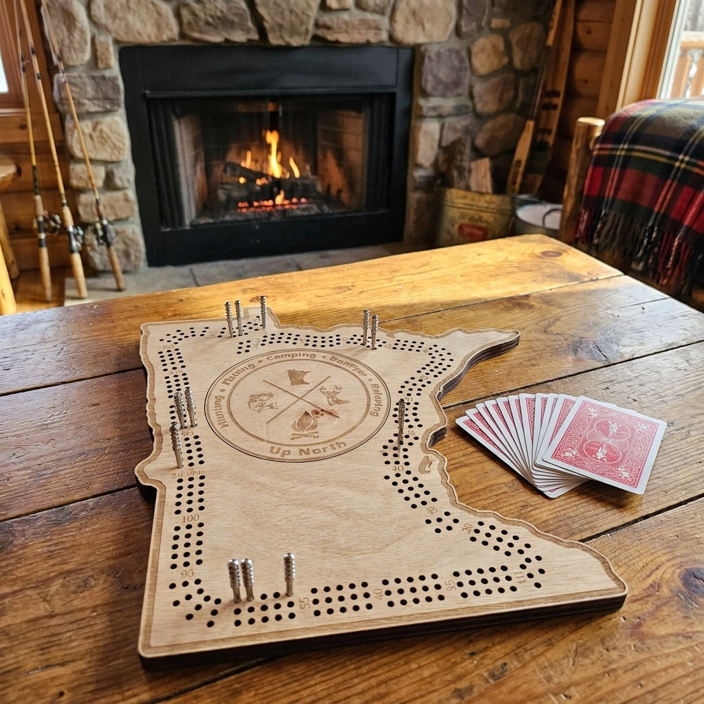 Minnesota-shaped cribbage board, hunting and fishing emblem design - set up for play on a rustic cabin table by the fireplace, lifestyle shot