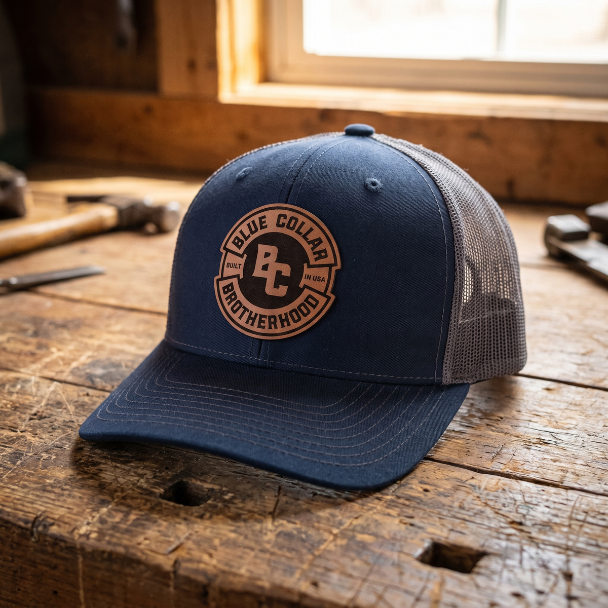 Blue Collar Brotherhood Leather Patch Hat - Navy/Charcoal Grey