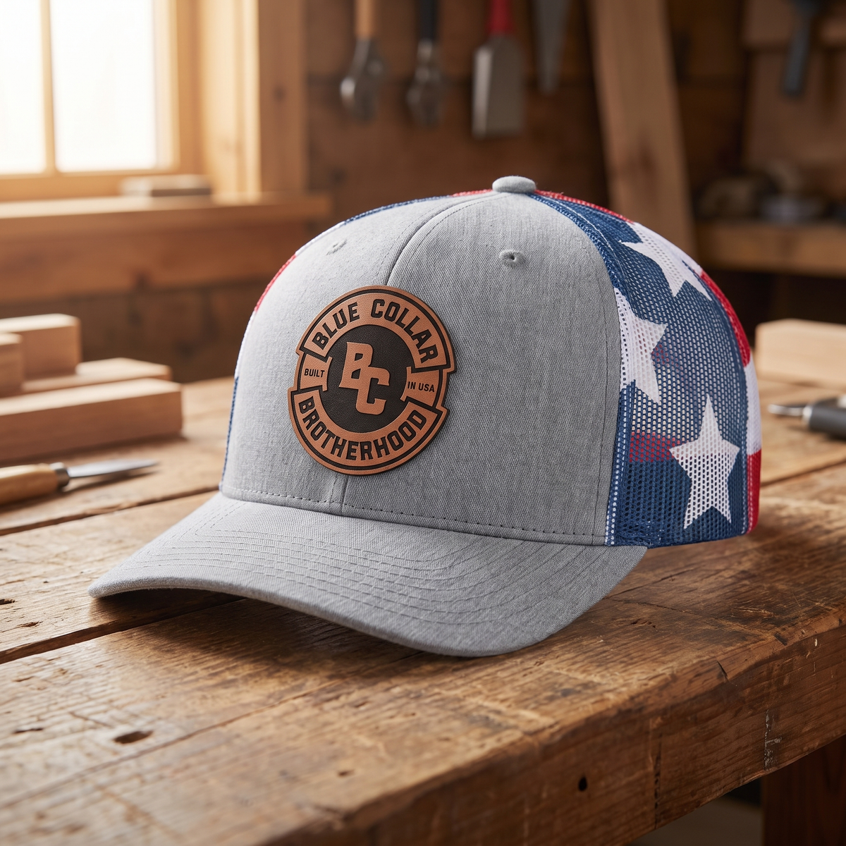 Blue Collar Brotherhood Leather Patch Hat - Heather Grey/Stars and Stripes