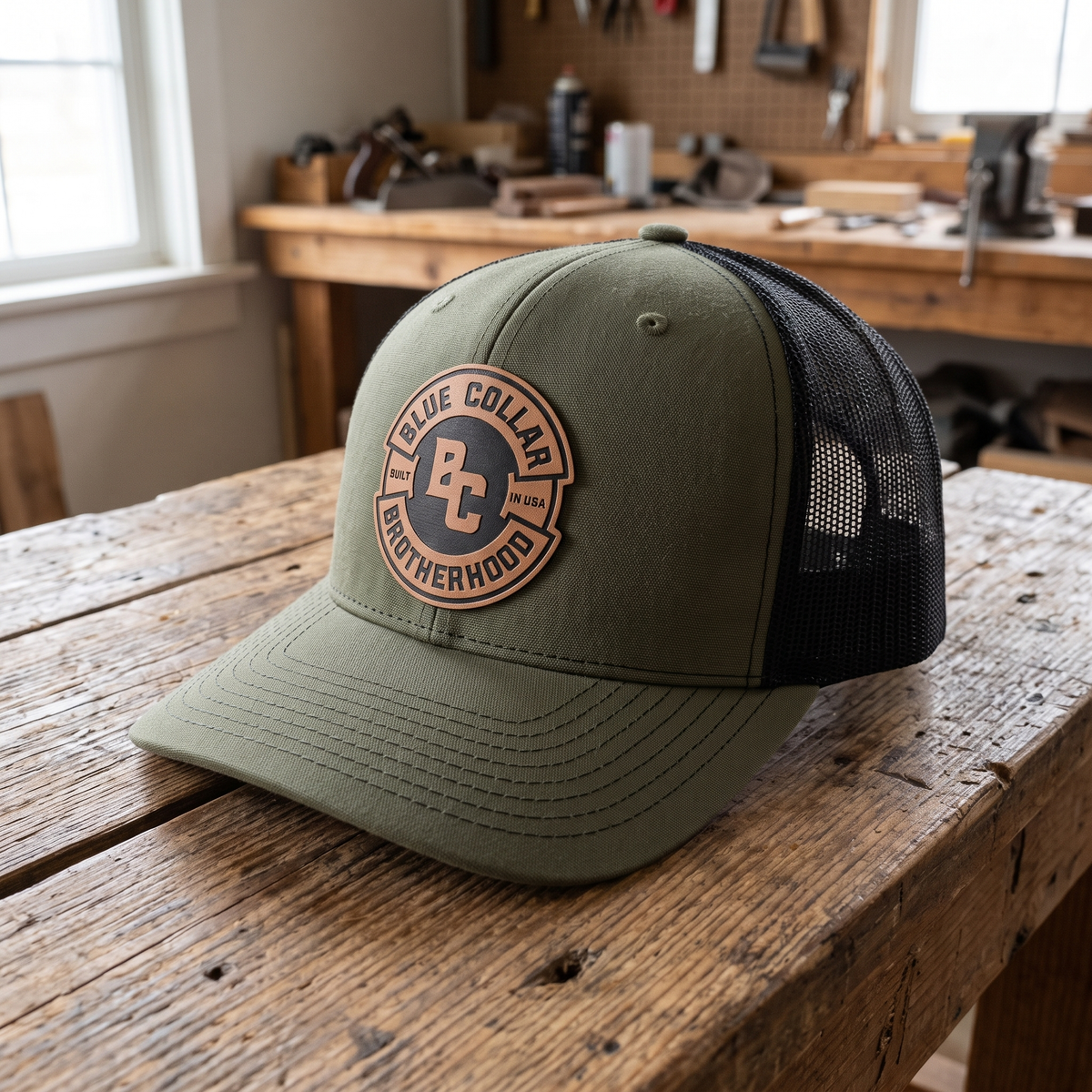 Blue Collar Brotherhood Leather Patch Hat - Loden Green/Black