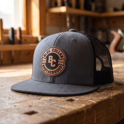 Blue Collar Brotherhood Leather Patch Hat - Charcoal Grey/ Black 168 7 panel