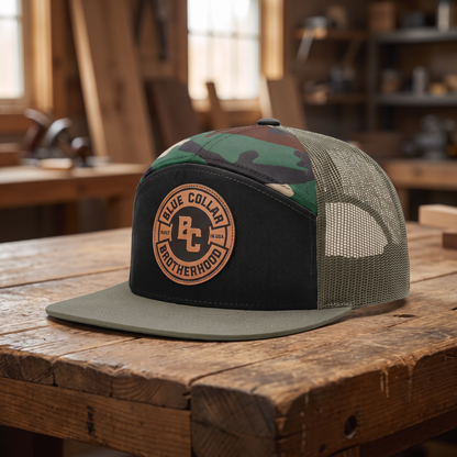 Blue Collar Brotherhood Leather Patch Hat - Black/ Camo 168 7 panel