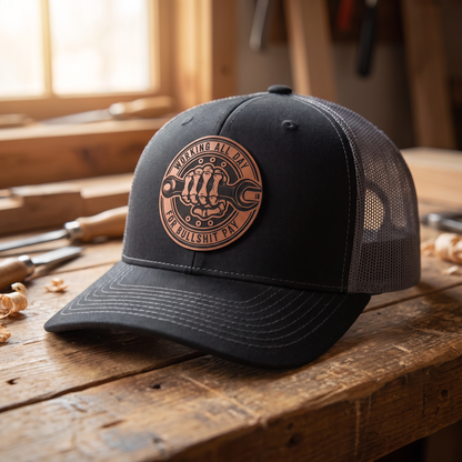Working All Day for Bullsh*t Pay Leather Patch Hat - Black/Charcoal Grey