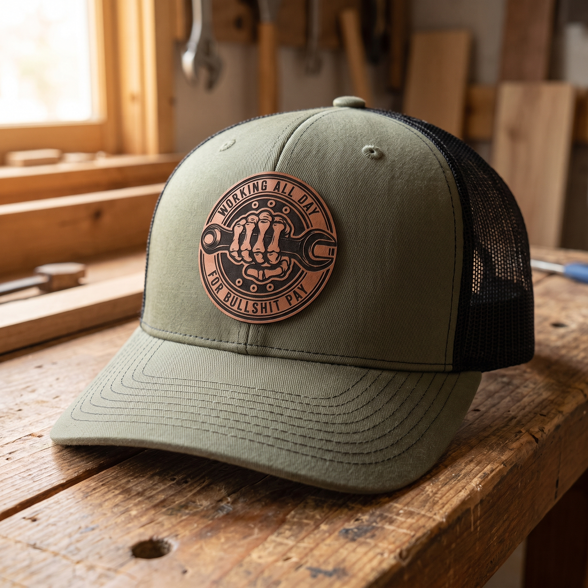 Working All Day for Bullsh*t Pay Leather Patch Hat - Loden Green/Black