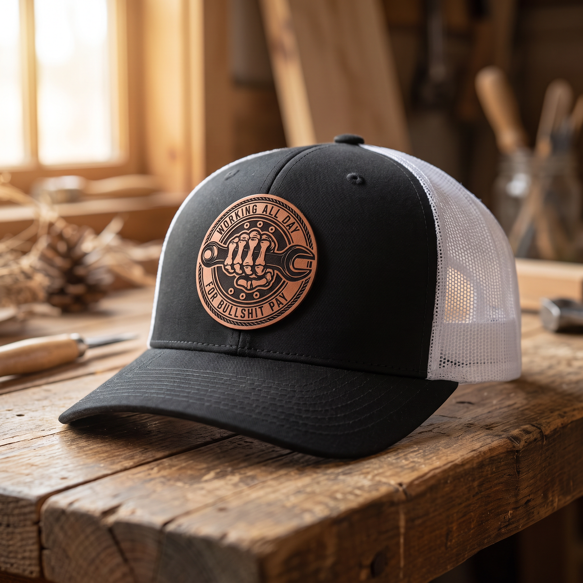 Working All Day for Bullsh*t Pay Leather Patch Hat - Black/White
