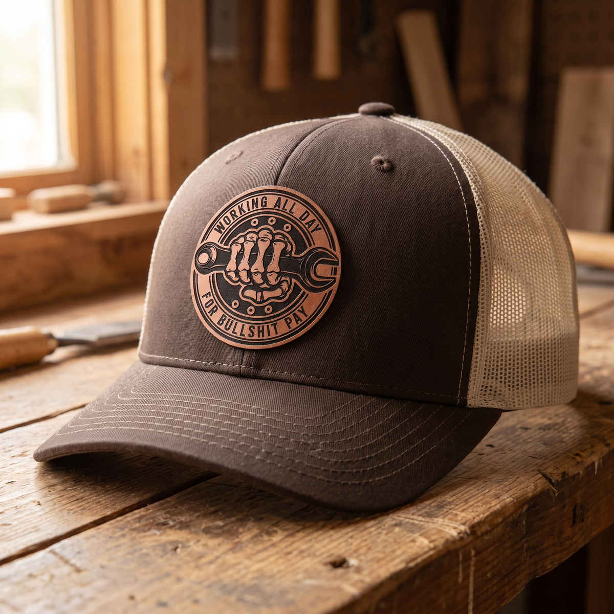 Working All Day for Bullsh*t Pay Leather Patch Hat - Chocolate Chip/Birch