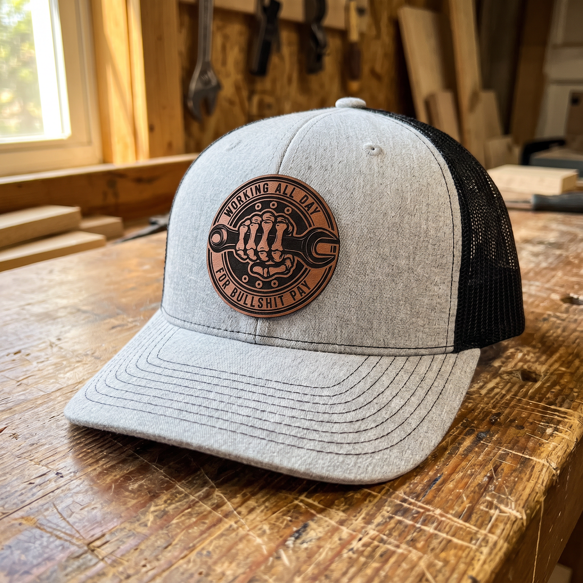 Working All Day for Bullsh*t Pay Leather Patch Hat - Heather Grey/Black