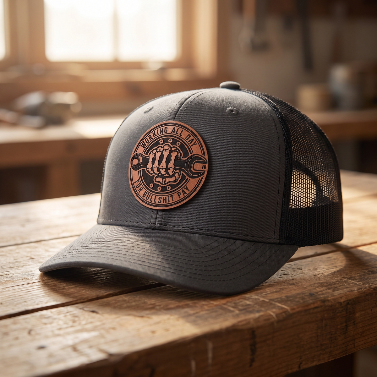 Working All Day for Bullsh*t Pay Leather Patch Hat - Charcoal grey/ black