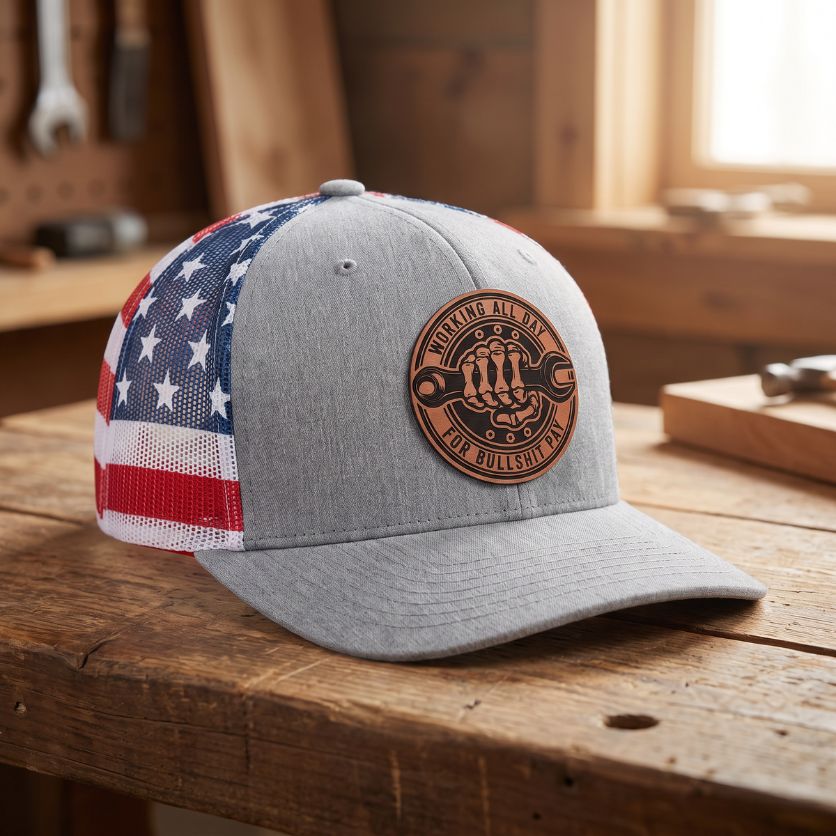 Working All Day for Bullsh*t Pay Leather Patch Hat - Heather Grey/Stars and Stripes