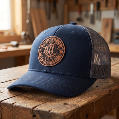 Working All Day for Bullsh*t Pay Leather Patch Hat - Navy/Charcoal Grey