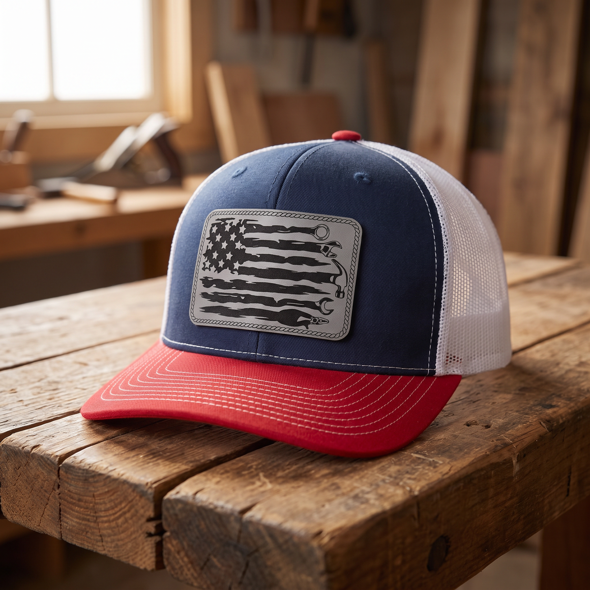 American Flag Mechanic Trucker Hat - Navy/Red/White