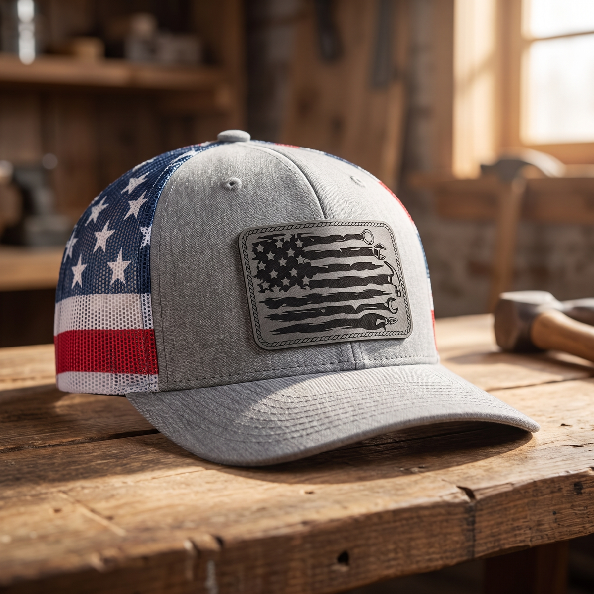 American Flag Mechanic Trucker Hat - Heather Grey/Stars and Stripes