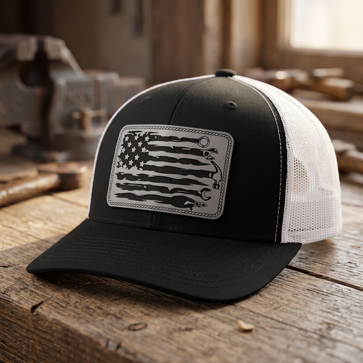 American Flag Mechanic Trucker Hat - Black/White