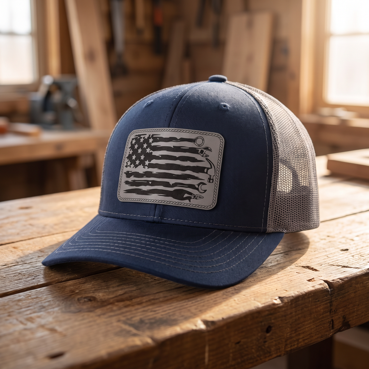 American Flag Mechanic Trucker Hat - Navy/Charcoal Grey