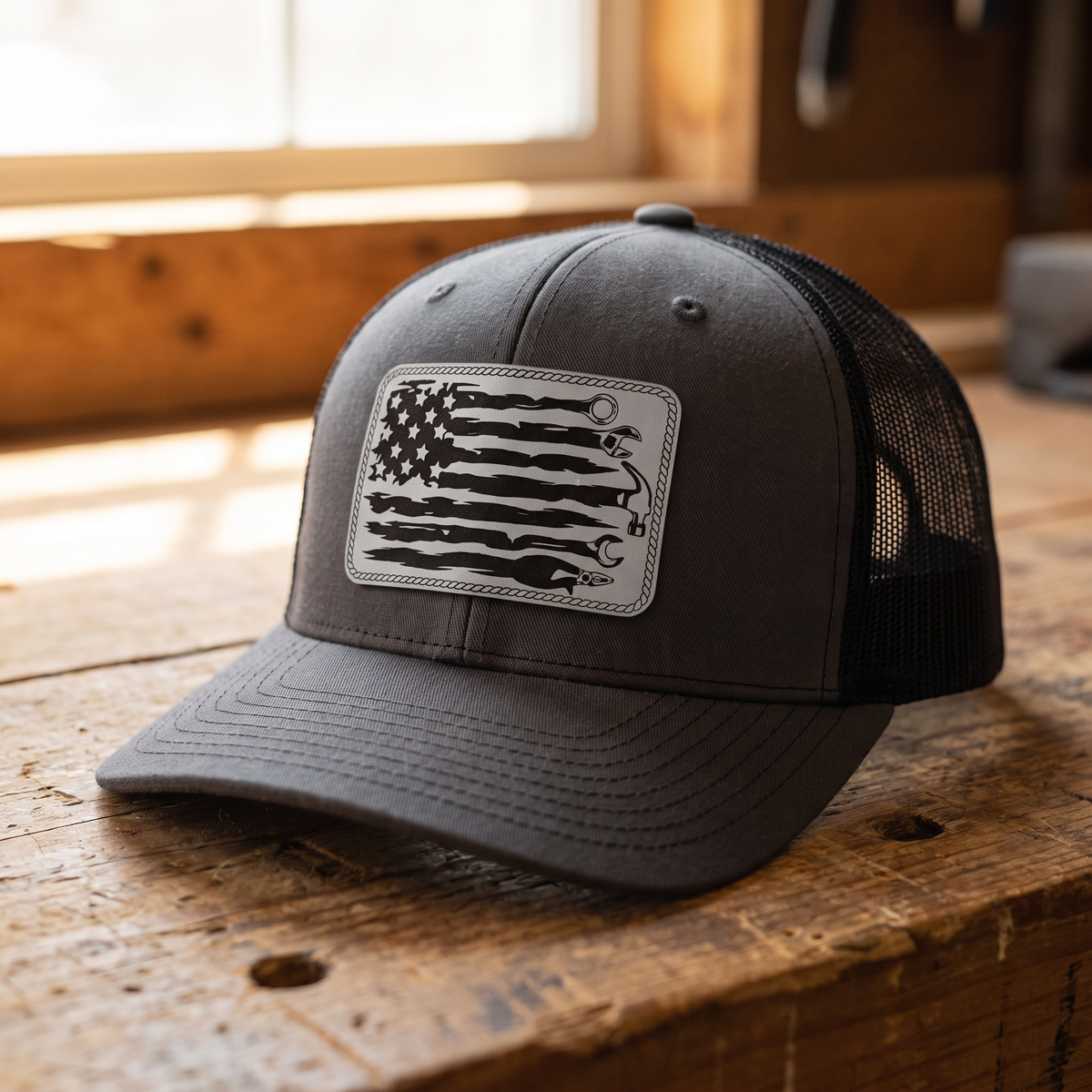 American Flag Mechanic Trucker Hat - Charcoal Grey/Black