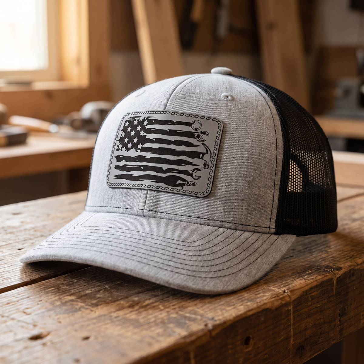 American Flag Mechanic Trucker Hat - Heather Grey/Black