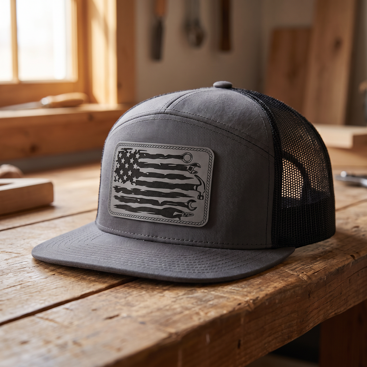 American Flag Mechanic Trucker Hat - Charcoal Grey/Black 168 7 panel