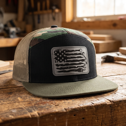 American Flag Mechanic Trucker Hat - Black/Camo 168 7 panel