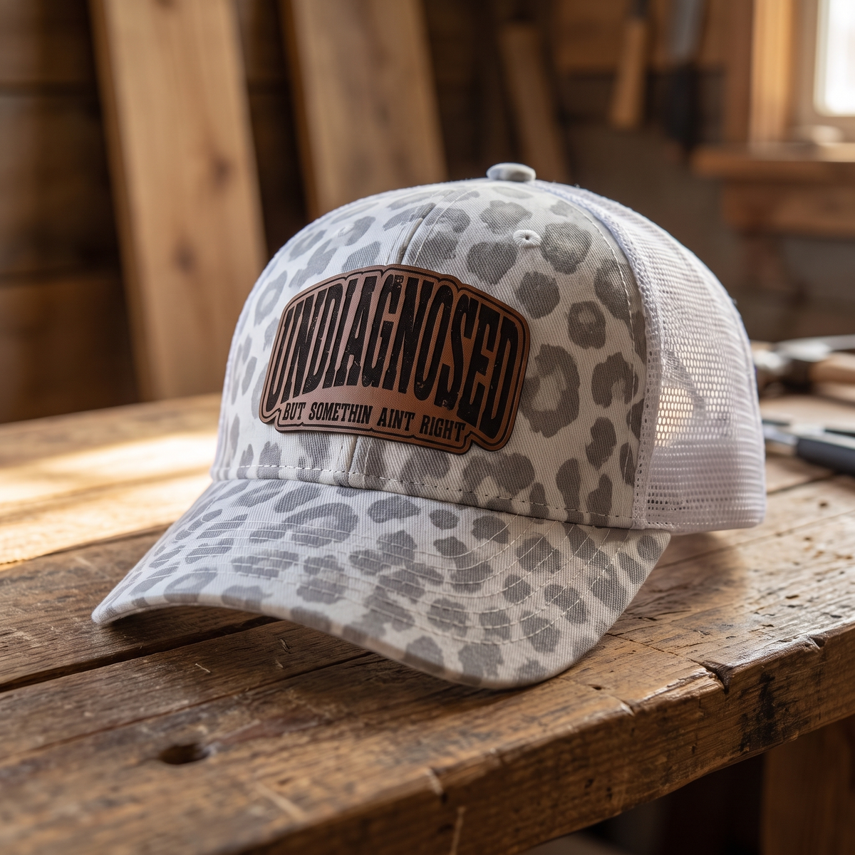 Undiagnosed But Somethin Aint Right Trucker Hat - Grey spotted cow/white ponytail