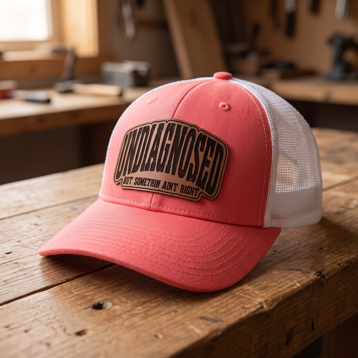 Undiagnosed But Somethin Aint Right Trucker Hat - Coral/white ponytail