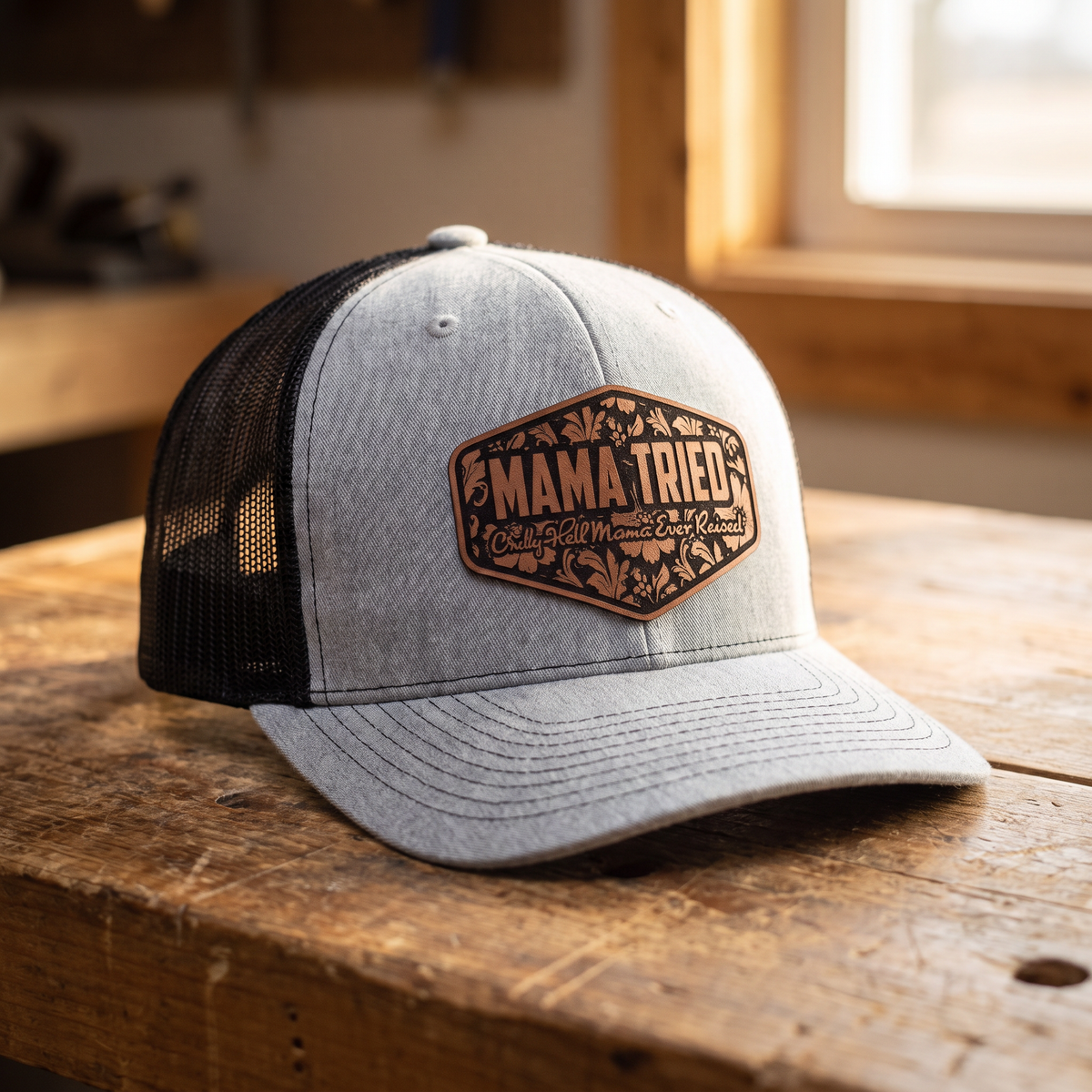 Mama Tried Leatherette Patch Trucker Hat - Heather Grey/Black