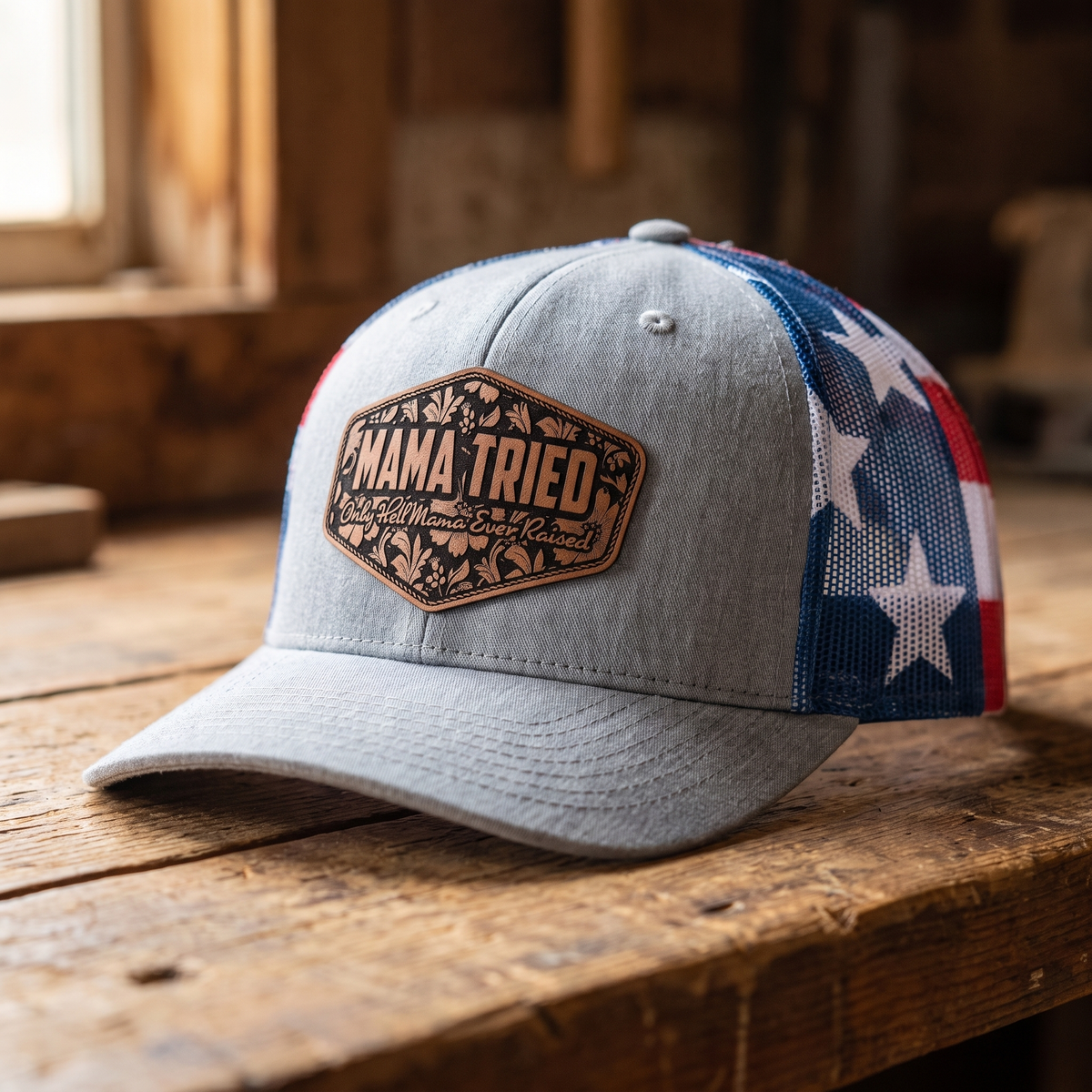 Mama Tried Leatherette Patch Trucker Hat - Heather Grey/Stars and Stripes