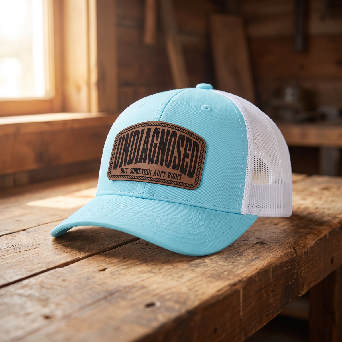 Undiagnosed But Somethin Aint Right Trucker Hat - Light blue/white ponytail