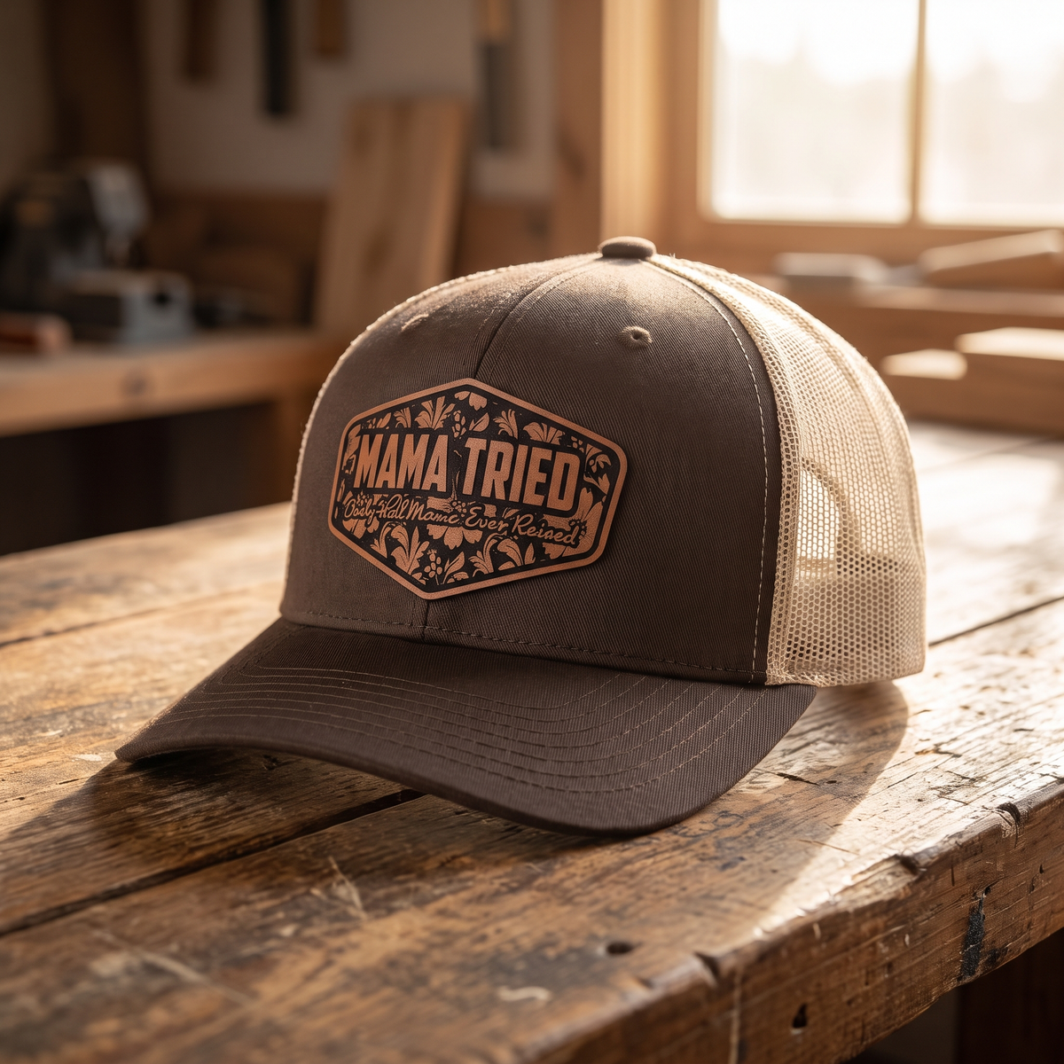 Mama Tried Leatherette Patch Trucker Hat - Chocolate Chip/Birch