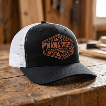 Mama Tried Leatherette Patch Trucker Hat - Black/White