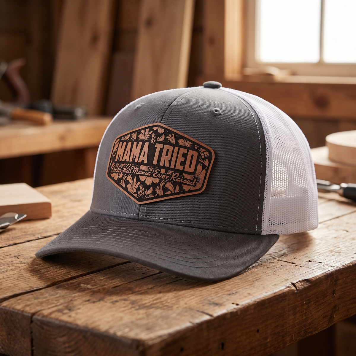 Mama Tried Leatherette Patch Trucker Hat - Charcoal Grey/White