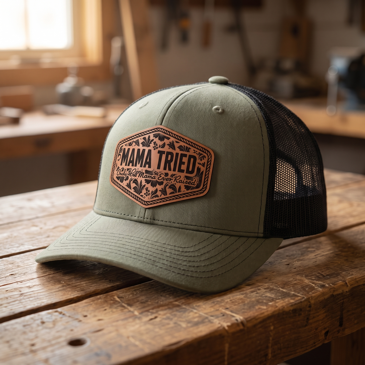 Mama Tried Leatherette Patch Trucker Hat - Loden Green/Black