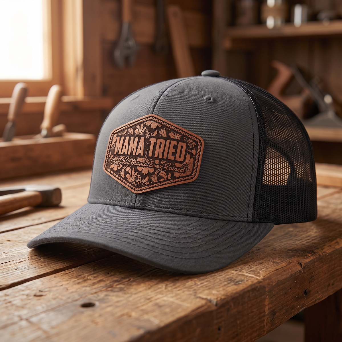 Mama Tried Leatherette Patch Trucker Hat - Charcoal Grey/Black