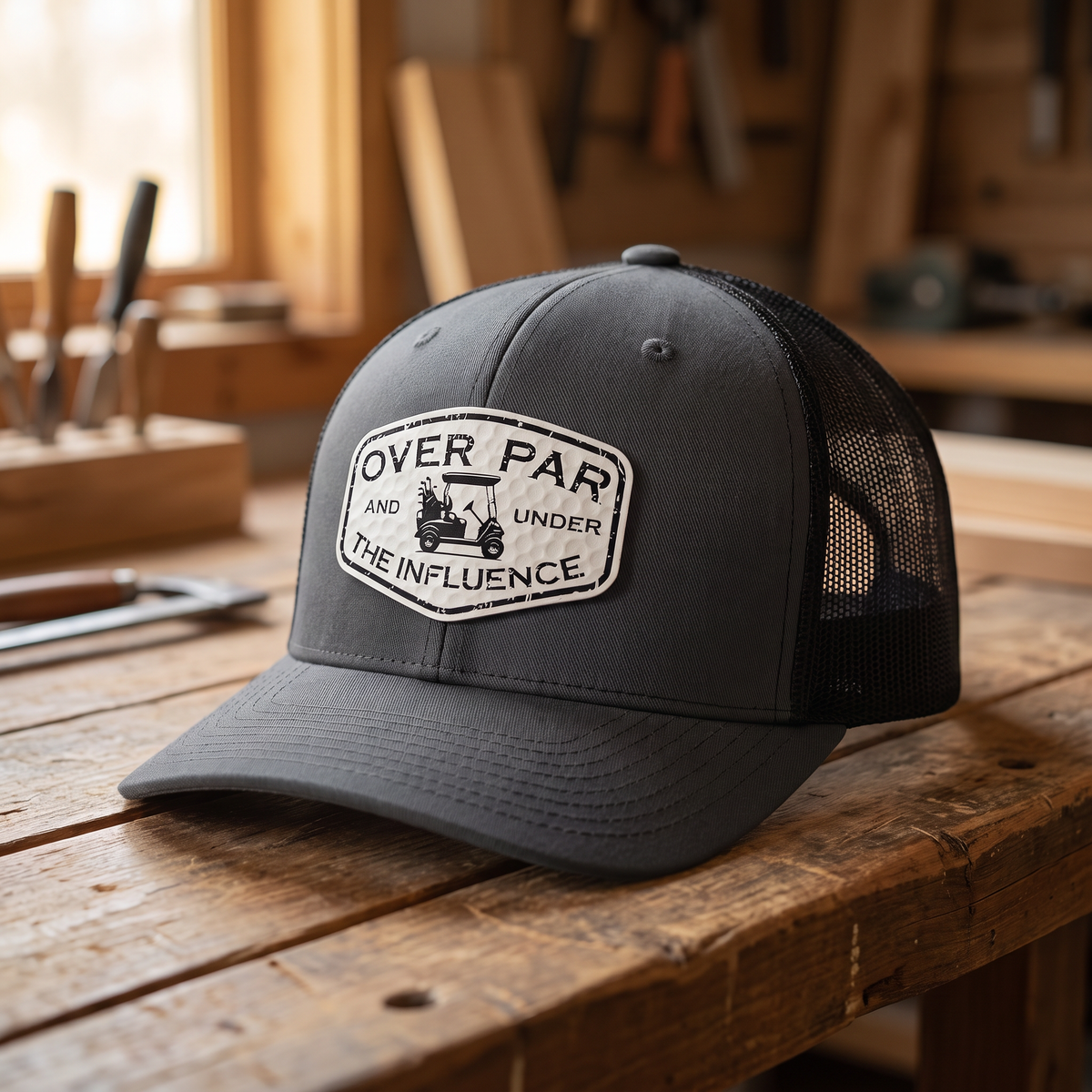 Over Par and Under the Influence Trucker Hat - Charcoal Grey/Black