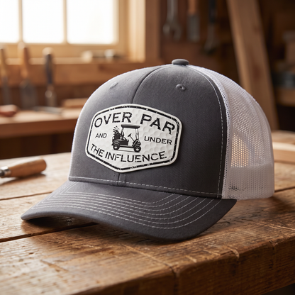 Over Par and Under the Influence Trucker Hat - Charcoal Grey/White