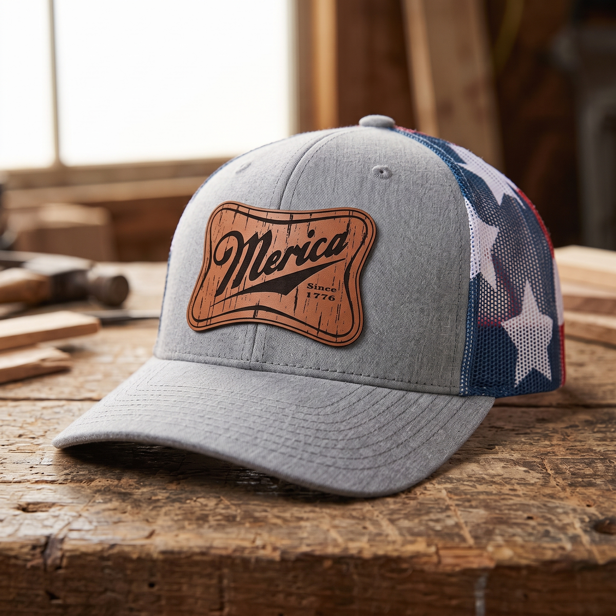 Merica Leatherette Patch Trucker Hat - Heather Grey/Stars and Stripes