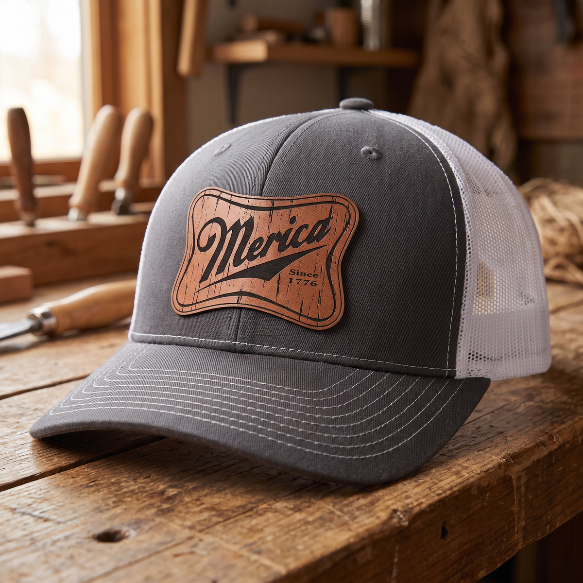 Merica Leatherette Patch Trucker Hat - Charcoal Grey/White